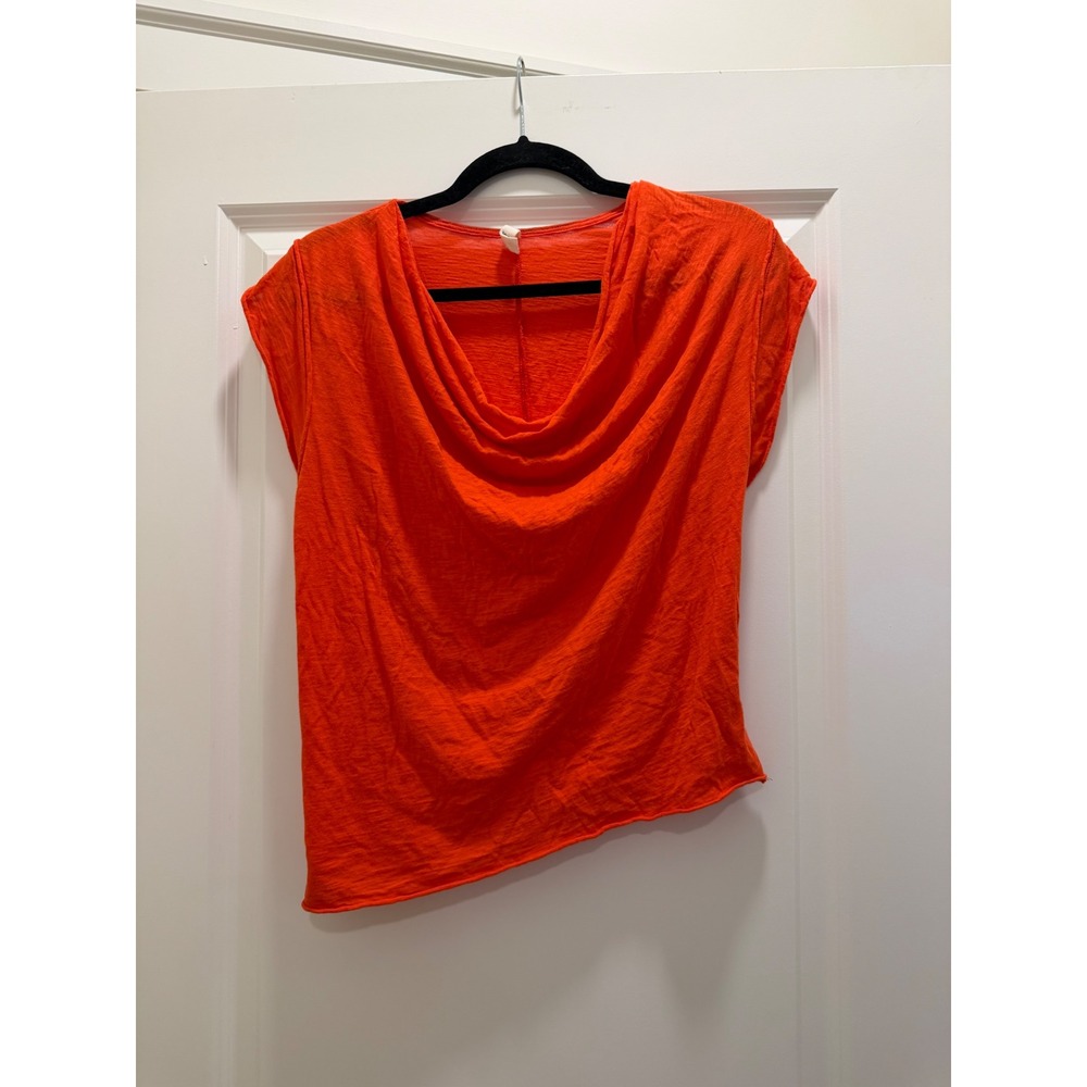 Elan Womens Orange Asymmetrical Cowl Neck Slub Knit Cap Sleeve Top Small SM10012